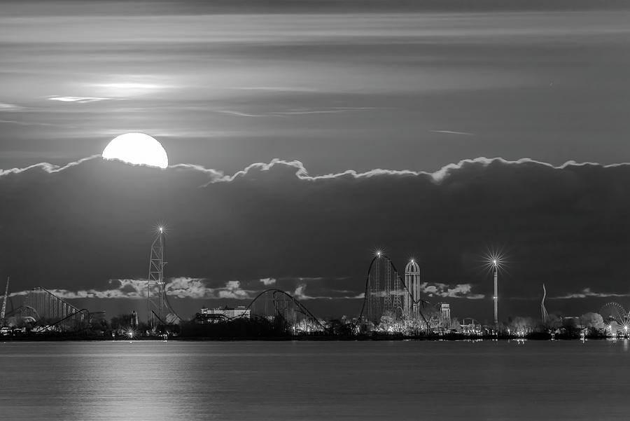 Moon Over Cedar Point black and white Photograph by James McClintock