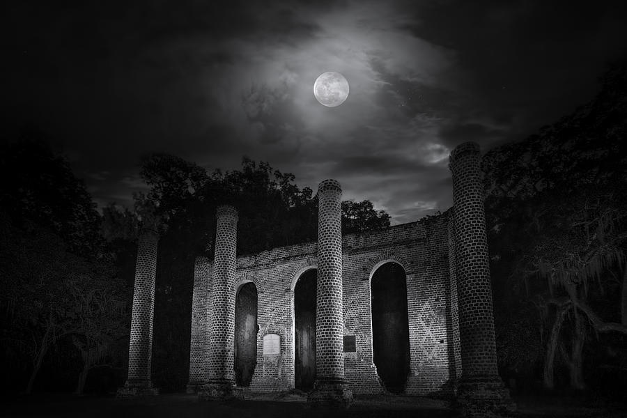 Moon Over Old Sheldon Church Photograph by Mark Andrew Thomas