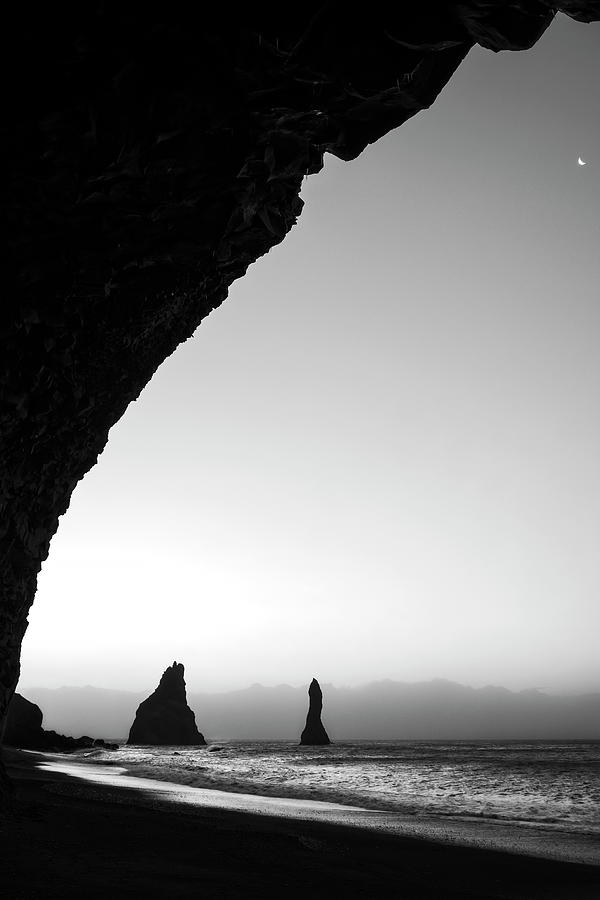 Moon over Reynisfjara Iceland Black and White Photograph by Catherine Reading