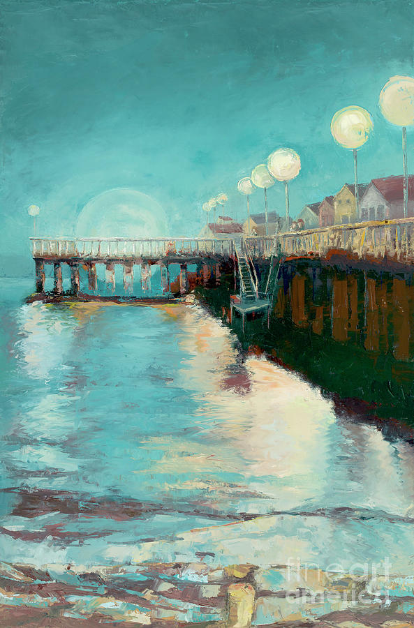 Moon Over Santa Cruz Wharf Painting by PJ Kirk