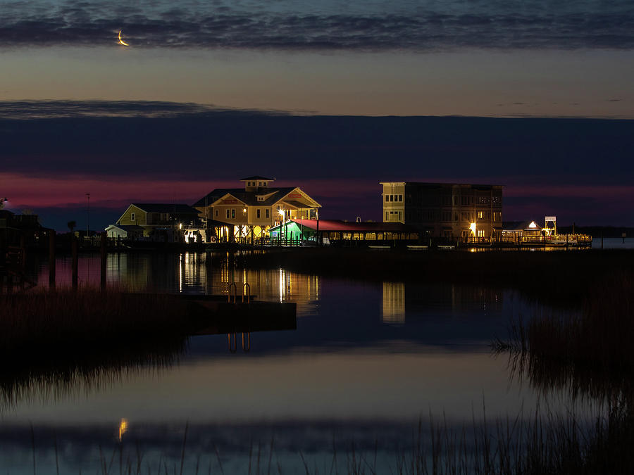 Moon over Southport Yacht Basin Photograph by Nick Noble