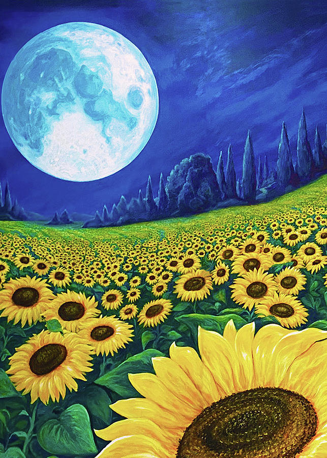 Magic Digital Art - Moon Over Sunflowers by Brenda Ferrimani