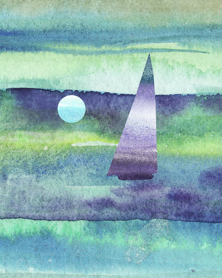 Moon Sailboat Purple Teal Blue Green Watercolor Beach Art  Painting by Irina Sztukowski