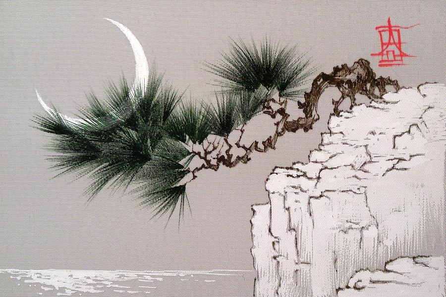 Moon Sleeping on Pine Tree Branch Painting by Alina Oseeva