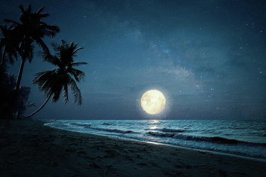 Moon Vacation Island Night Ocean Painting by Tony Rubino