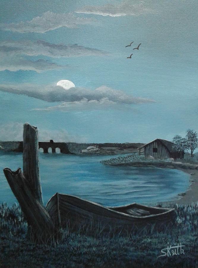 Cabin Painting - Moonlight at the Lake by Sheri Keith