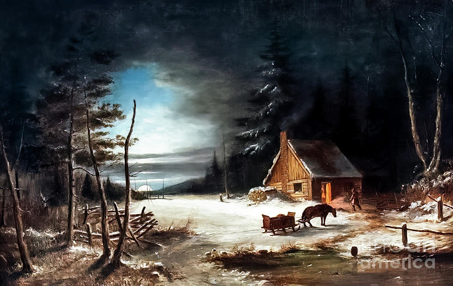 Winter Painting - Moonlight by Cornelius Krieghoff by Cornelius Krieghoff