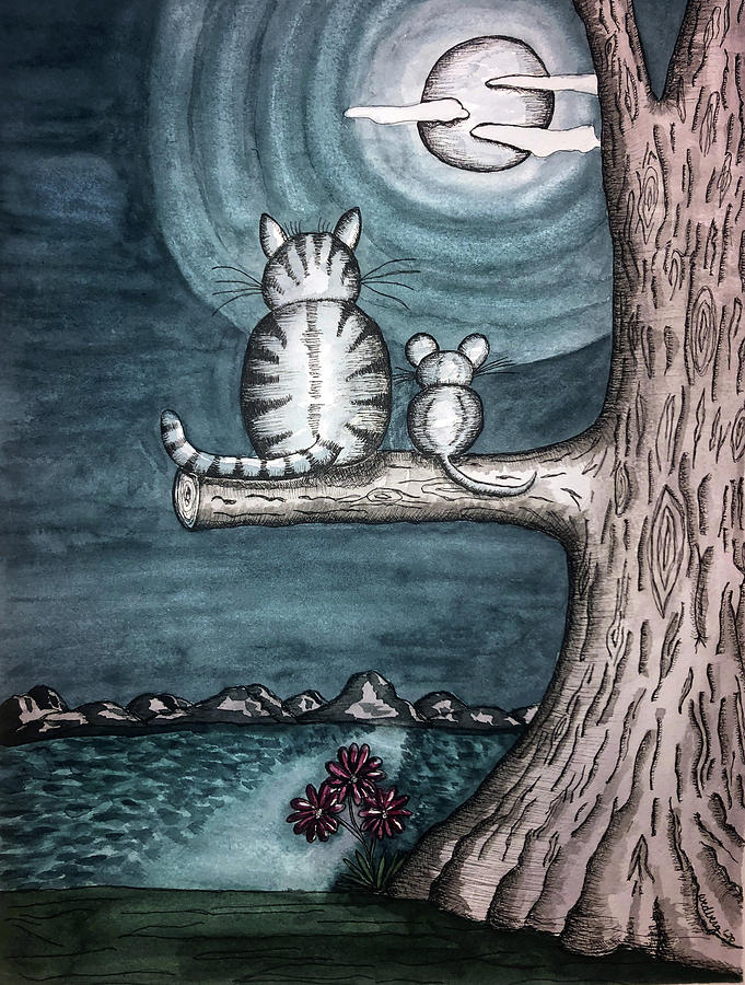 Moonlight Cat and Mouse Painting by Christina Wedberg