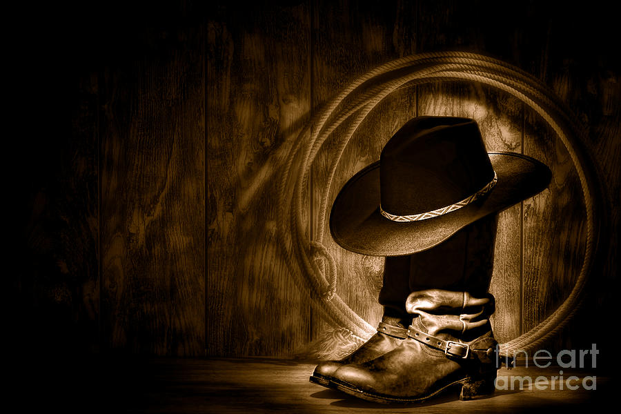 Boot Photograph - Moonlight Cowboy Boots - Sepia by Olivier Le Queinec