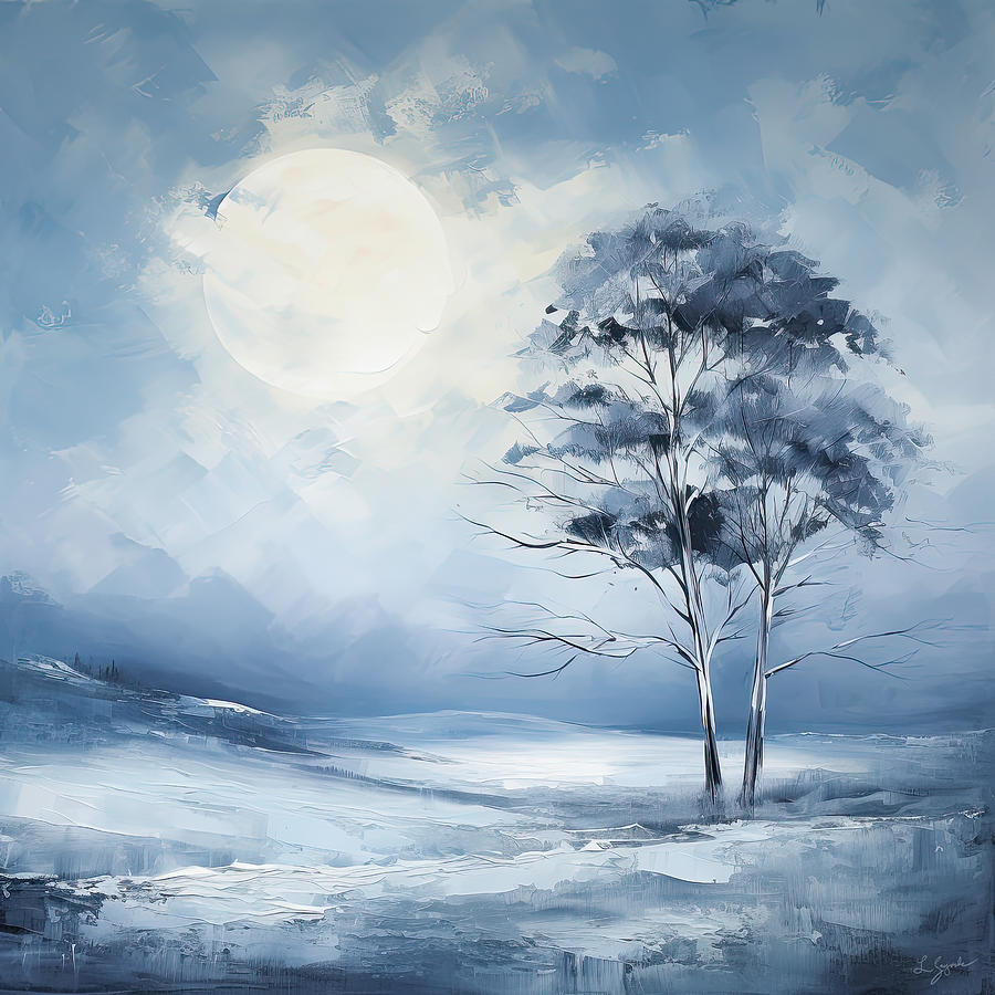Moonlight Embrace - Shades of Blue and White Art Painting by Lourry Legarde