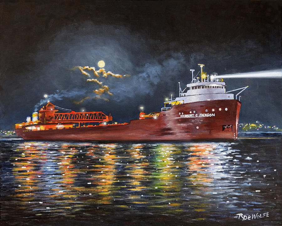 Moonlight Freighter Painting by Richard De Wolfe