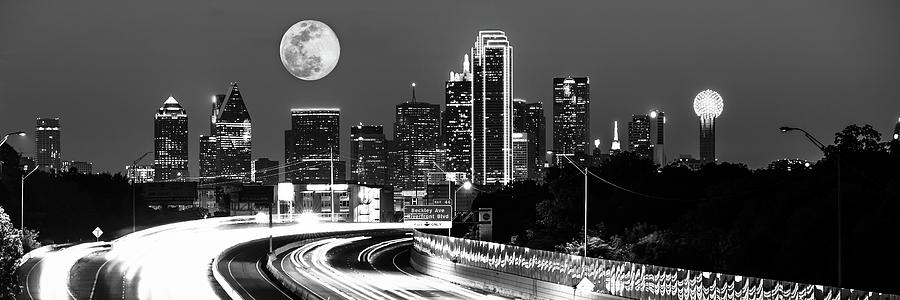Moonlight Over Dallas Monochrome Panorama Photograph by Gregory Ballos