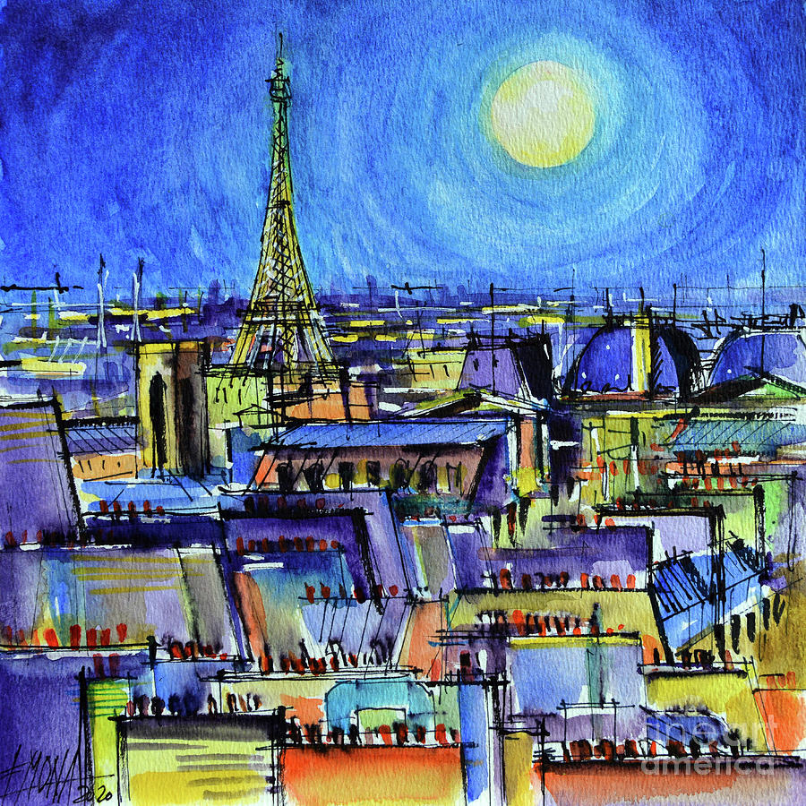 MOONLIGHT OVER PARIS watercolor painting Mona Edulesco Painting by Mona Edulesco