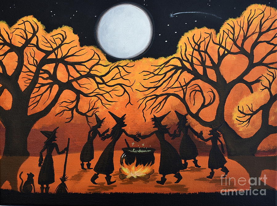 Moonlight Ritual   witch cat spell Painting by Debbie Criswell