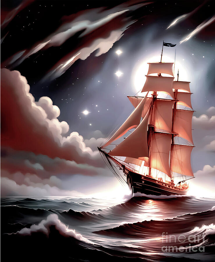 Moonlight Sailing Fantasy Digital Art by Eddie Eastwood
