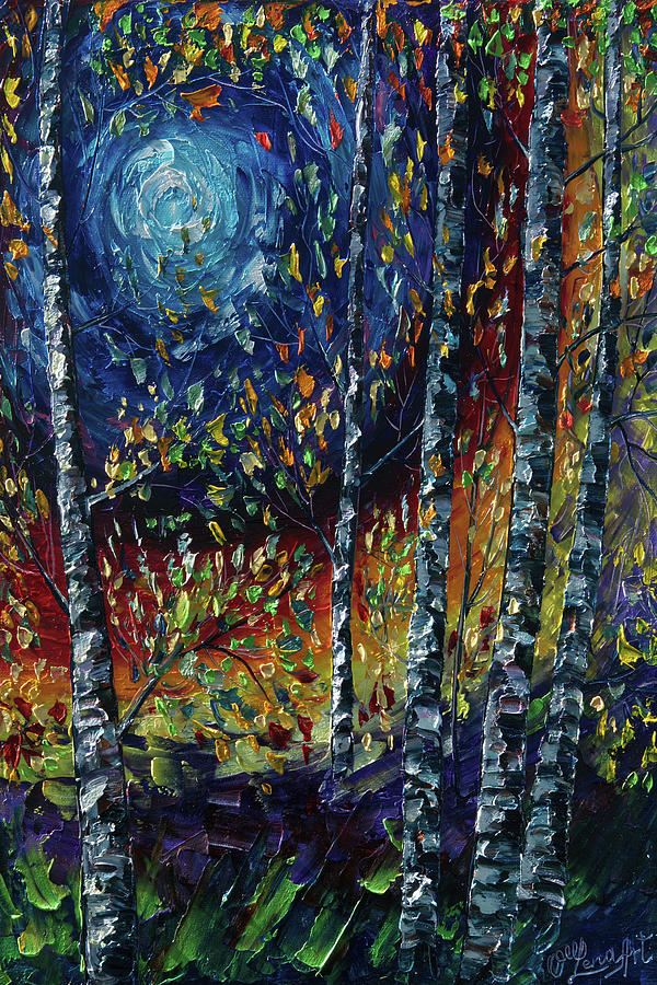 Moonlight Sonata With Aspen Trees       Painting by Lena Owens - OLena Art Vibrant Palette Knife and Graphic Design