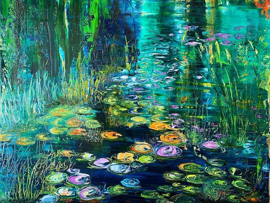 Moonlight Water Lilies Painting by Maria-Victoria Checa