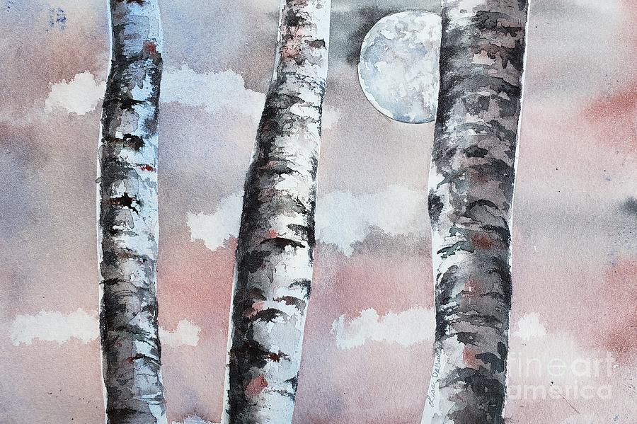 Moonlit birch trees Painting by Lisa Debaets