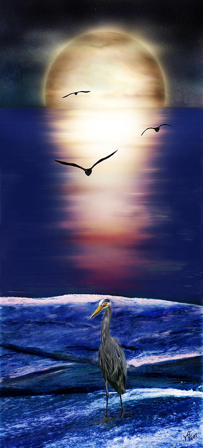 Bird Painting - Moonlit fishing by Tatiana Fess
