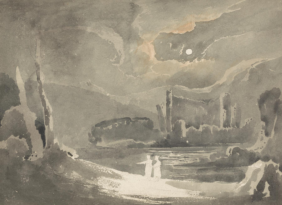 Moonlit Landscape with a Ruined Castle Drawing by John Martin