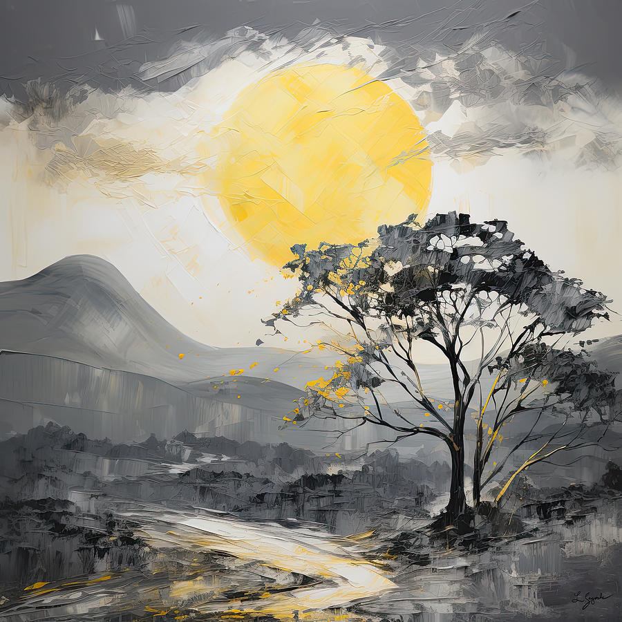 Moonlit Landscapes - Dreams in Yellow and Gray Painting by Lourry Legarde