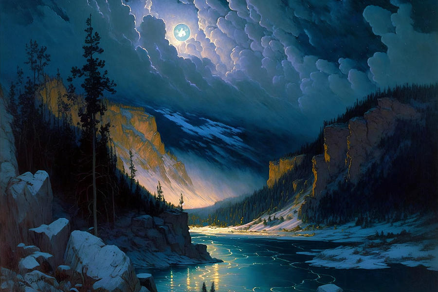 Moonlit Magic - An Oil Painting of the Yellowstone River Painting by Kai Saarto