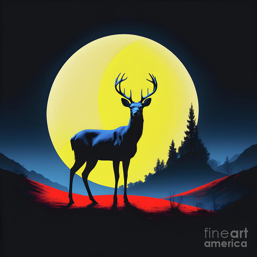 Deer Digital Art - Moonlit majesty - a deers silhouette by Sen Tinel