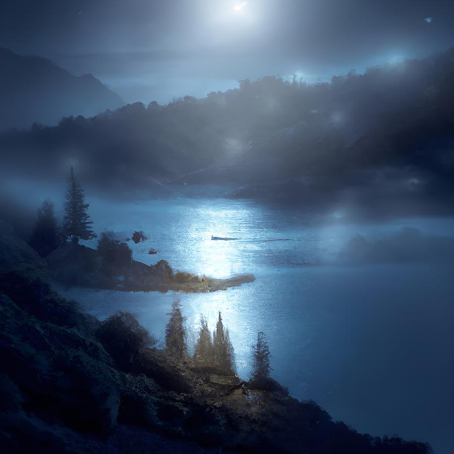 Moonlit Mountain Lake Digital Art by Beverly Read