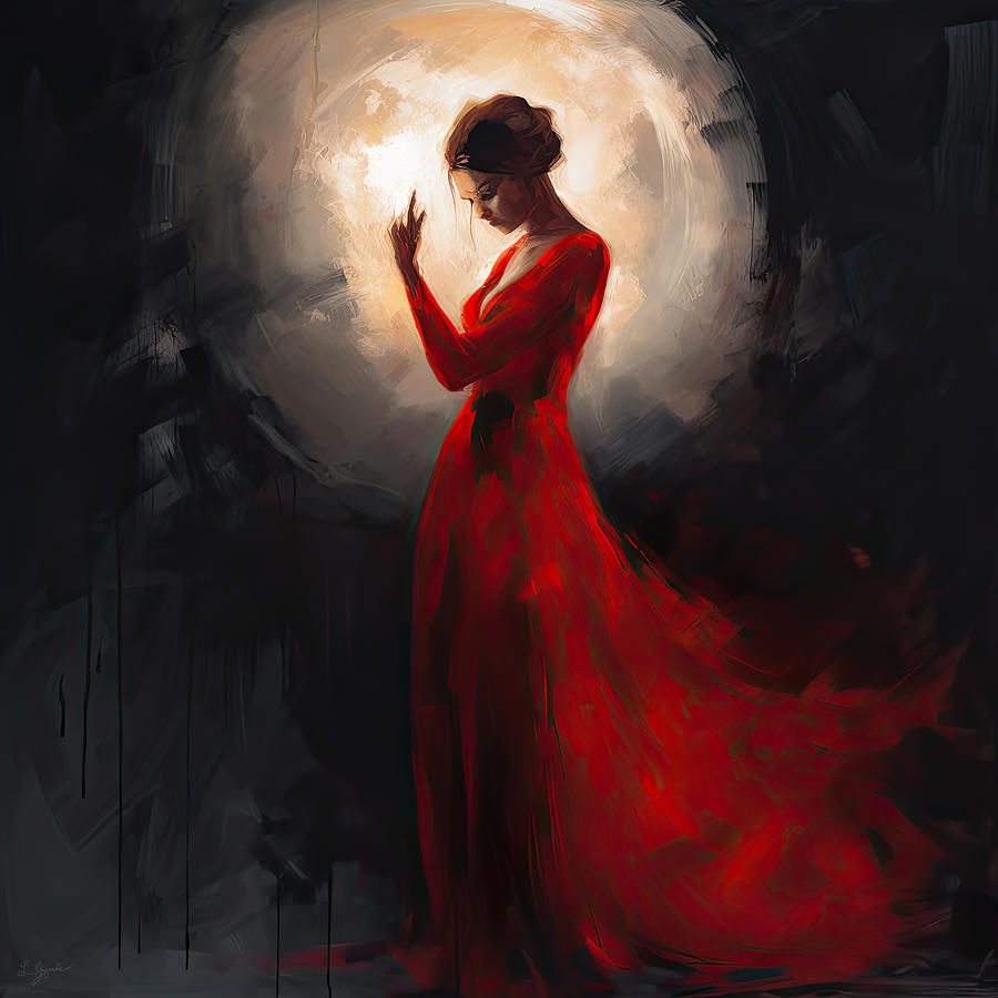 Lady In Red Painting - Moonlit Muse by Lourry Legarde