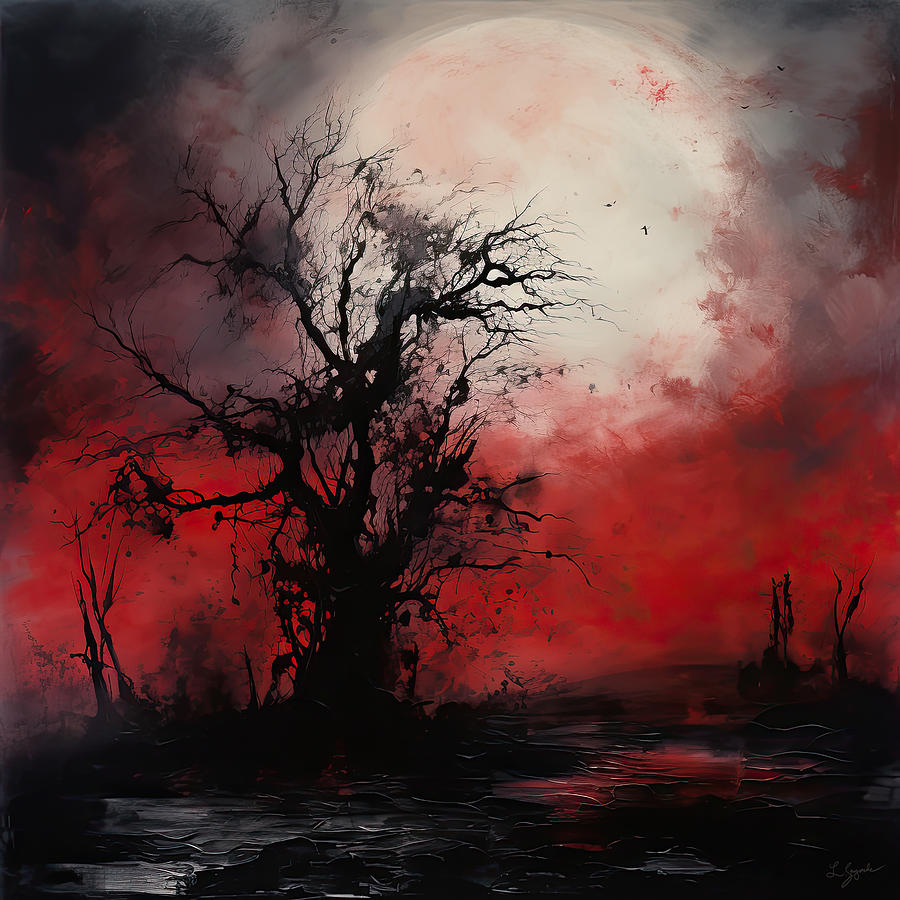 Moonlit Mystery - Black and Red Art Painting by Lourry Legarde