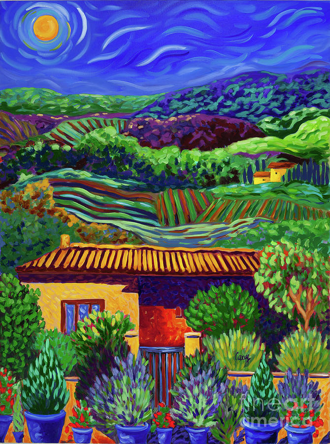 Moonlit night in Tuscany Painting by Cathy Carey
