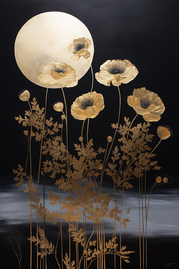 Moonlit Poppies Sway in the Night Painting by Lourry Legarde