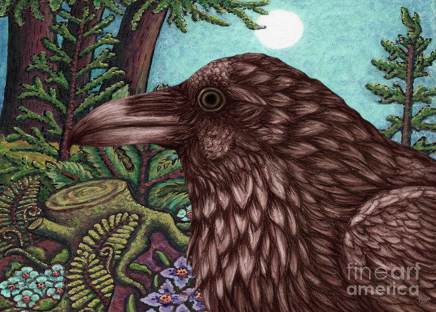 Moonlit Raven Wood Painting by Amy E Fraser