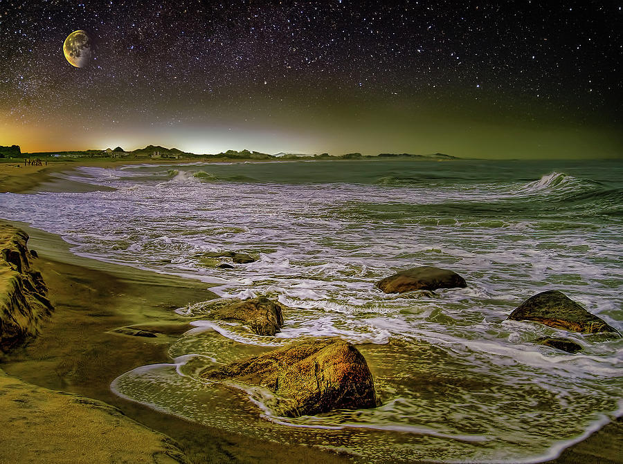 Moonlit Rocky shoreline in Rhode Island  Digital Art by Cordia Murphy