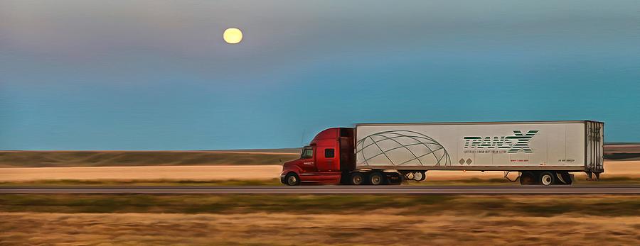Moonlit semi truck on the prairies in Alberta, Canada Digital Art by Mick Flynn