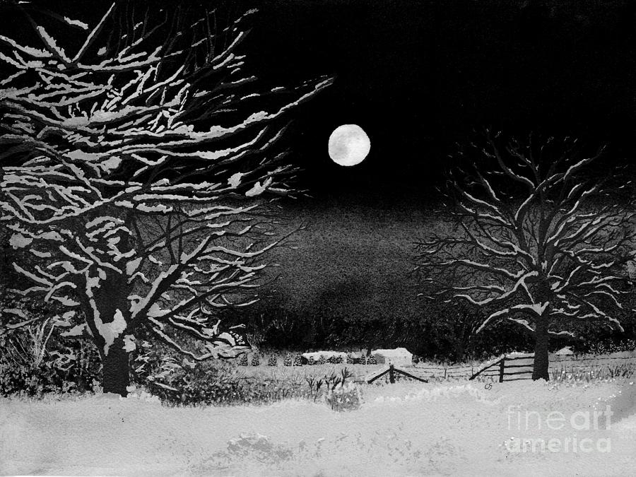 Moonlit Snowy Scene in Black and White Digital Art by Conni Schaftenaar