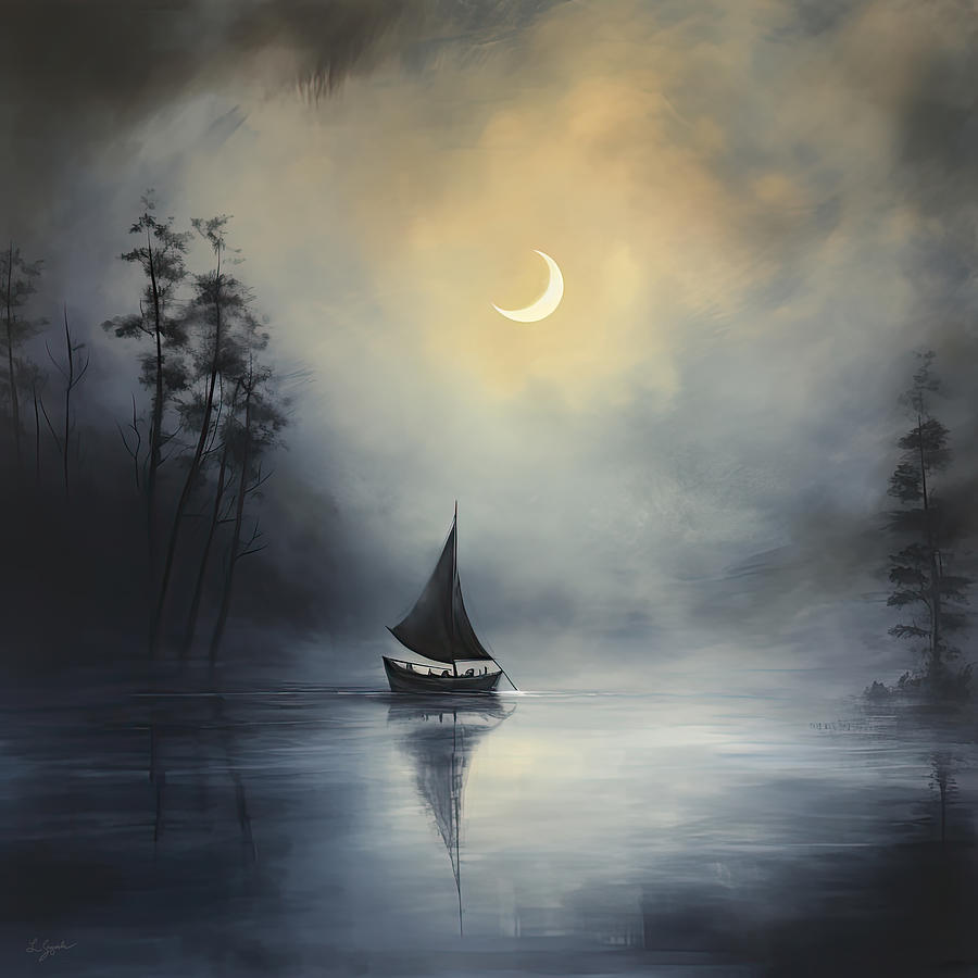 Moonlit Solitude - Lone Boat Art Painting by Lourry Legarde