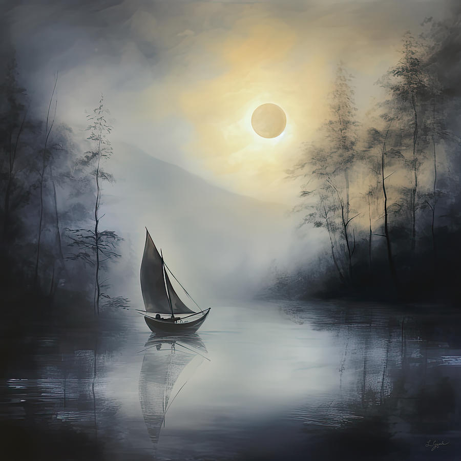 Moonlit Watcher - Gray Art Painting by Lourry Legarde