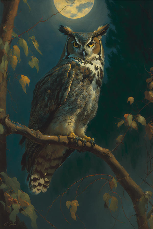 Moonlit Watcher - Great Horned Owl Digital Art by Kai Saarto