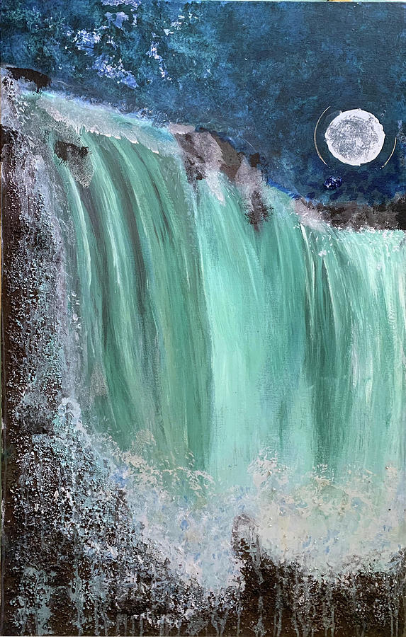 Moonlit Waterfall Painting by Leslie Porter