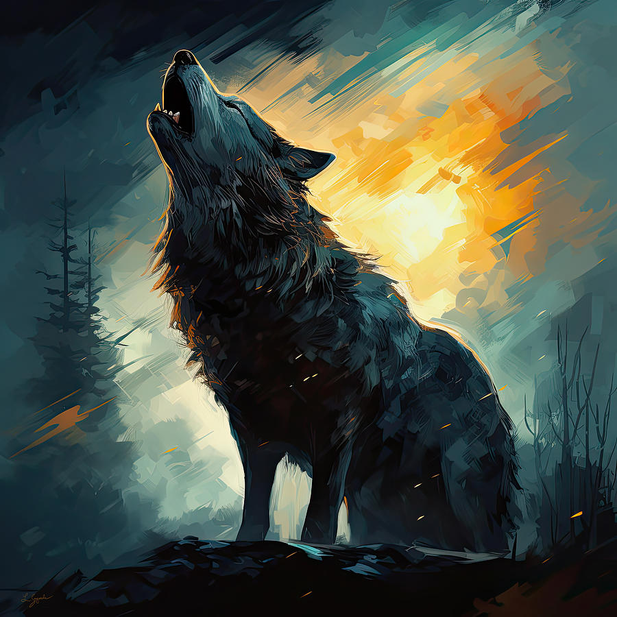 Wolf Illustration Painting - Moonlit Wolf - Wolf Painting by Lourry Legarde
