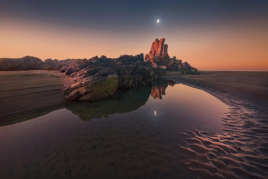 Moonrise and Sunset on Beach Photograph by Celia Zhen