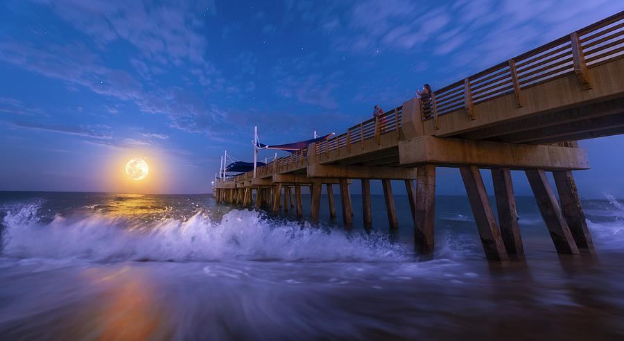 Moonrise at the Pompano Beach Pier Photograph by Mark Andrew Thomas