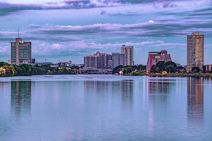 Moonrise Over The Charles River And Boston University Skyline Photograph
