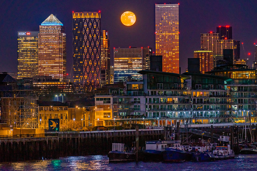 Moonrise Over Canary Wharf Seen From Tower Bridge In London Photograph