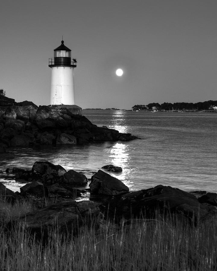 Moonrise over Fort Pickering Lighthouse Salem MA Black and White Photograph by Toby McGuire