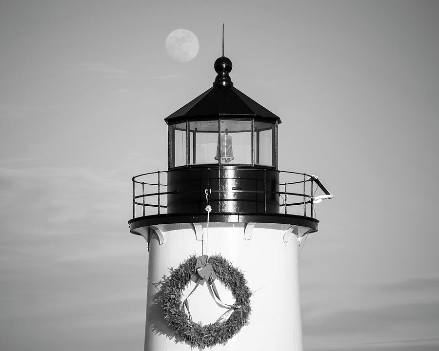 Moonrise over Fort Pickering Lighthouse Salem MA Winter Island wreath Close Black and White Photograph by Toby McGuire