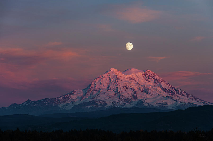 Moonrise Over Mt. Rainier At Sunset Photograph