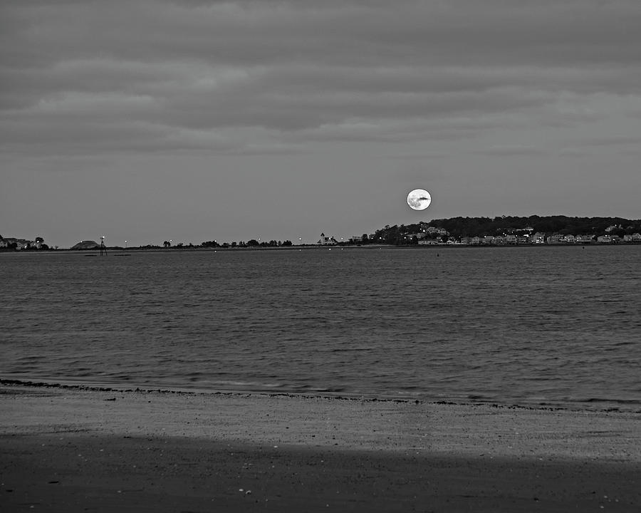 Moonrise over Nahant from Revere Beach Nahant MA Beach Black and White Photograph by Toby McGuire