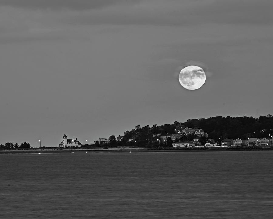 Moonrise over Nahant from Revere Beach Nahant MA Black and White Photograph by Toby McGuire